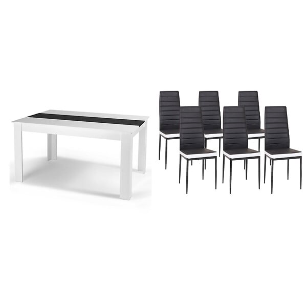ID MARKET - Ensemble table à manger GEORGIA 140 cm blanche et noire et 6 chaises ROMANE noires liseré blanc - large