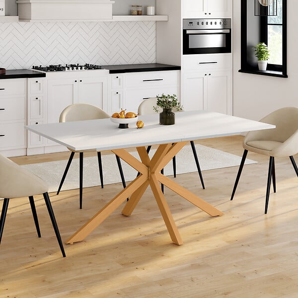 ID MARKET - Table à manger extensible rectangle ALIX 6-10 personnes pied araignée bois et plateau blanc GISELE 160-200 cm - large