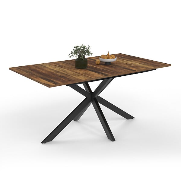 ID MARKET - Table à manger extensible rectangle ALIX 6-10 personnes pied araignée noir et plateau bois foncé HAWKINS 160-200 cm - large