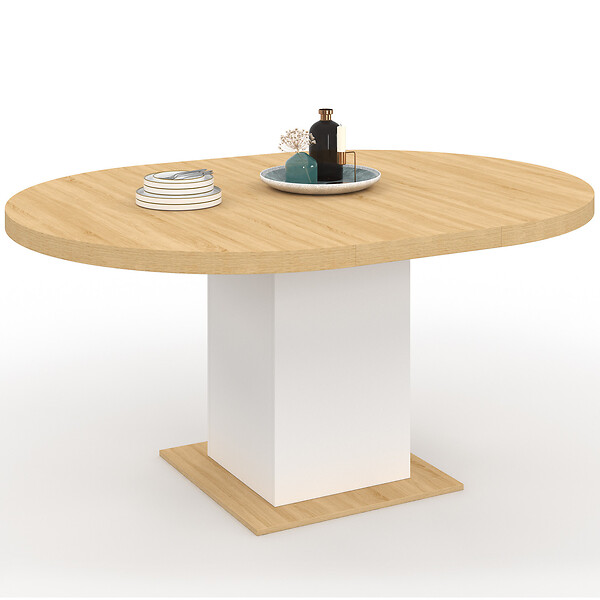 ID MARKET - Table à manger extensible ronde EDEN 4-8 personnes bois et blanc 120-160 cm - large