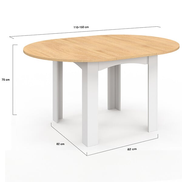 ID MARKET - Table à manger extensible ronde DONA 4-8 personnes blanche plateau façon hêtre 110-150 cm - large