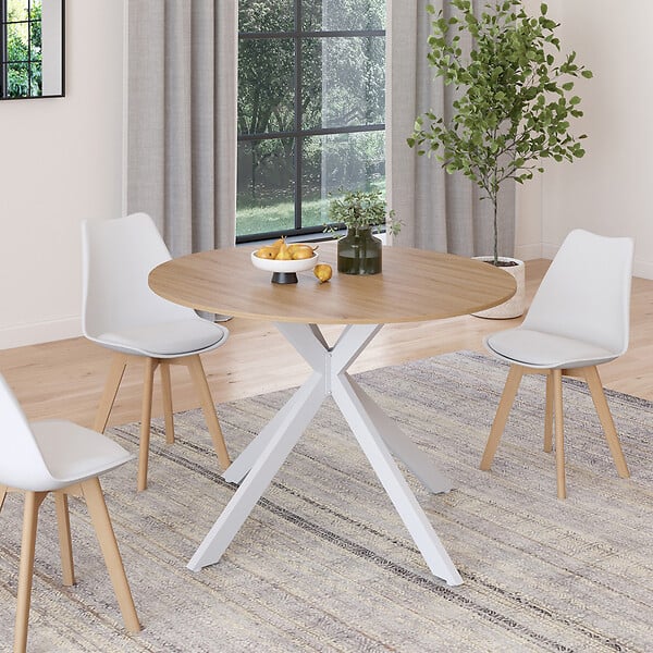 ID MARKET - Table à manger extensible ronde ALIX 4-8 personnes pied araignée bois et blanc 110-150 cm - large