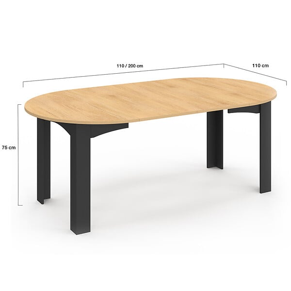 ID MARKET - Table à manger extensible ronde DONA 4-10 personnes noire plateau façon hêtre 110-200 cm - large