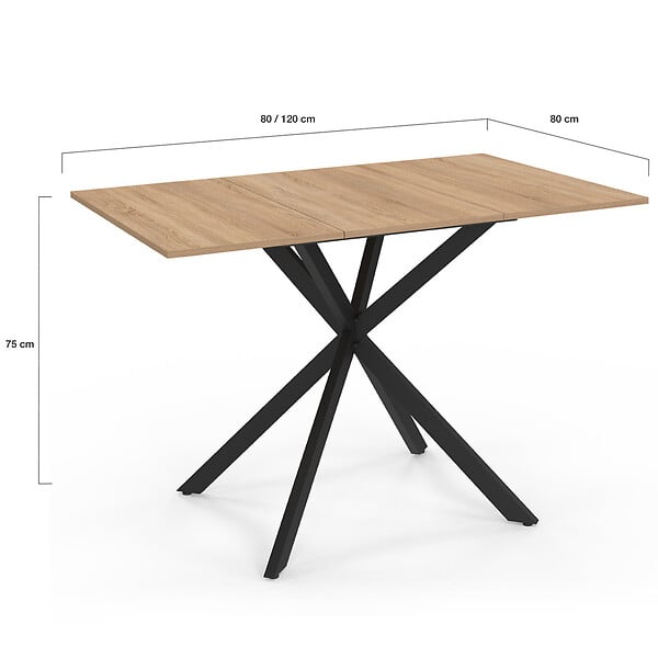 ID MARKET - Table à manger extensible carrée ALIX 4-6 personnes pied araignée bois et noir 80-120 cm - large