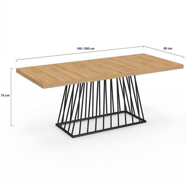 ID MARKET - Table à manger extensible rectangle YUNA 6-10 personnes plateau bois et pied filaire en métal noir 160 - 200 cm - large