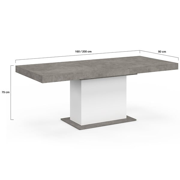 ID MARKET - Table à manger extensible rectangle EDEN 6-10 personnes béton et blanc 160-200 cm - large