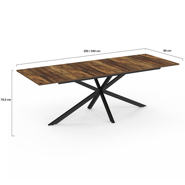 ID MARKET - Table à manger extensible rectangle ALIX 8-12 personnes pied araignée noir et plateau bois foncé HAWKINS 200-240 cm - large