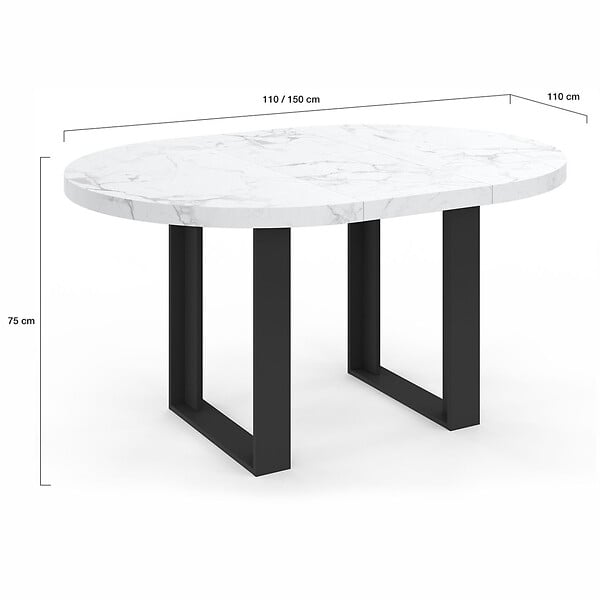 ID MARKET - Table à manger extensible ronde PHOENIX 4-6 personnes plateau effet marbre blanc ALASKA 110-150 cm - large
