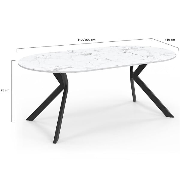 ID MARKET - Table à manger extensible ronde ALIX 4-10 personnes pied araignée noir plateau effet marbre blanc ALASKA 110-200 cm - large