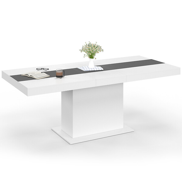 ID MARKET - Table à manger extensible rectangle EDEN 6-10 personnes blanche et bande centrale grise 160-200 cm - large