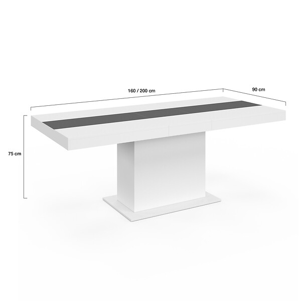 ID MARKET - Table à manger extensible rectangle EDEN 6-10 personnes blanche et bande centrale grise 160-200 cm - large