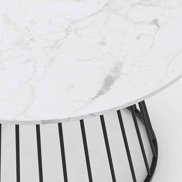 ID MARKET - Table à manger ronde YUNA 6 personnes pied filaire en métal noir et plateau effet marbre blanc ALASKA 110 cm - large