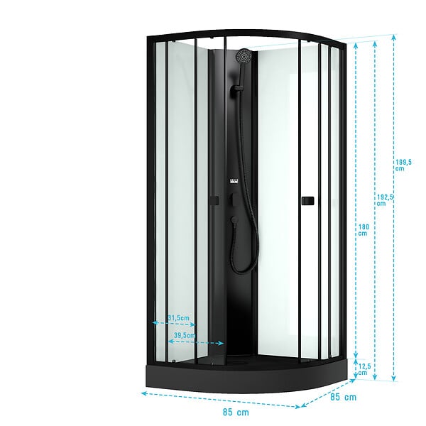 AURLANE - Cabine de douche 1/4 de cercle 85x85x200 cm - Portes coulissantes - Receveur Noir Mat - large