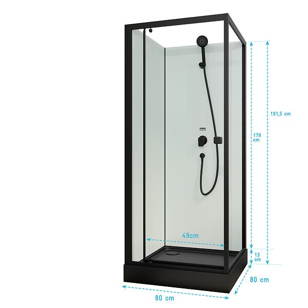 AURLANE - Cabine de douche carrée 80x80x200cm - Porte pivotante - Fonds Blancs - Receveur et Profilés Noirs - large