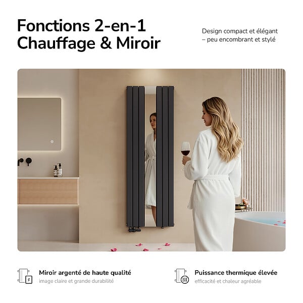 EMKE - EMKE Radiateur Miroir Vertical Design Anthracite pour Chauffage Central - 1800x608mm - 1788W - Double Panneau - large