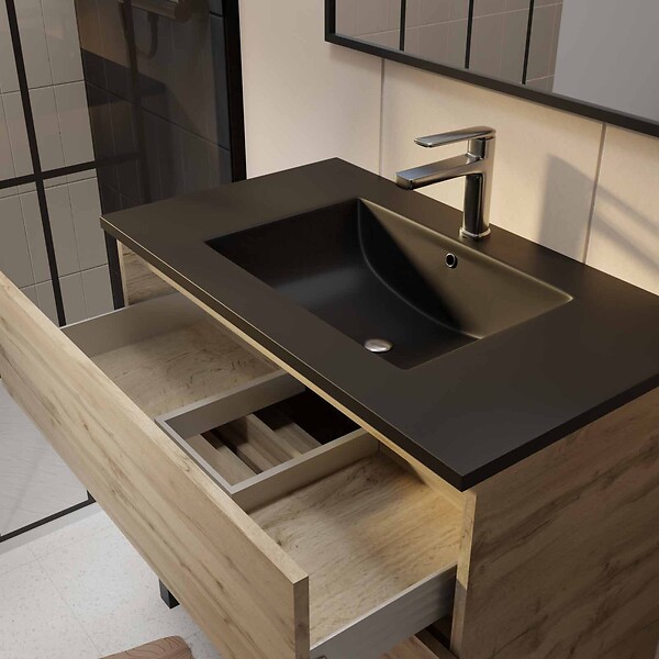 AURLANE - Meuble de salle de bains 80 cm 3 Tiroirs Chêne Naturel + Vasque Céramique Noire - TIMBER - large