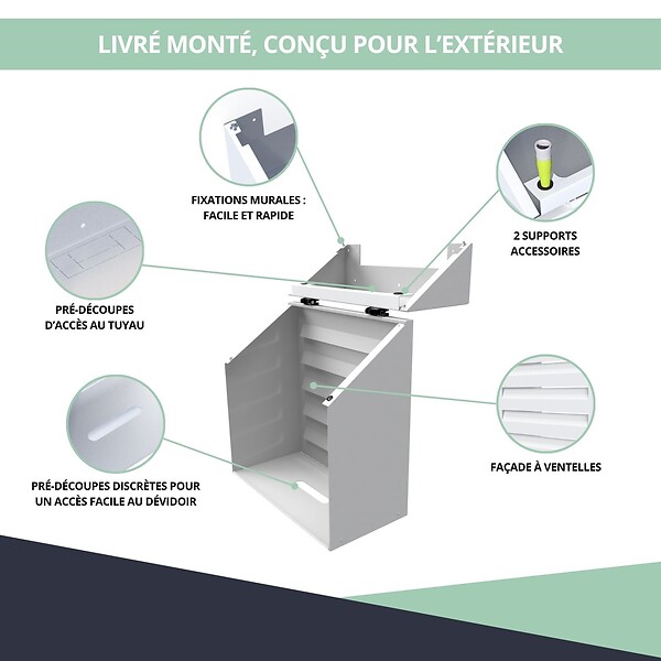 ATOLE - Cache tuyau d'Arrosage en Aluminium thermolaqué pour dévidoir mural - Taille 2 - Blanc. - large