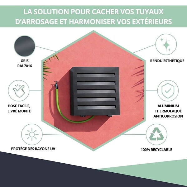 ATOLE - Cache tuyau d'Arrosage en Aluminium thermolaqué pour dévidoir mural - Taille 1 - Gris anthracite. - large