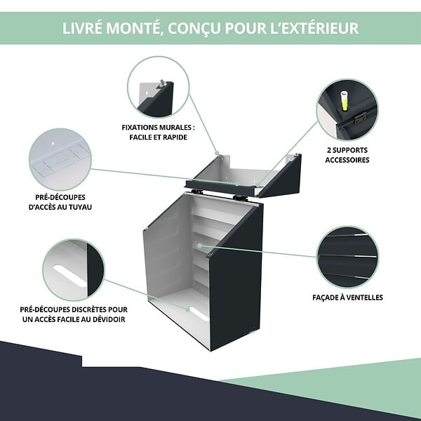 ATOLE - Cache tuyau d'Arrosage en Aluminium thermolaqué pour dévidoir mural - Taille 2 - Gris anthracite. - large