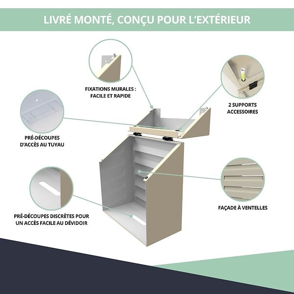 ATOLE - Cache tuyau d'Arrosage en Aluminium thermolaqué pour dévidoir mural - Taille 2 - Crème. - large