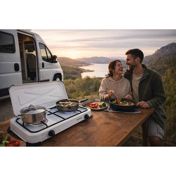 KEMPER - Plaque de cuisson Gaz 2 feux portable 2600W Blanc Couvercle amovible - Réchaud Camping Cuisine Exterieure KEMPER - large
