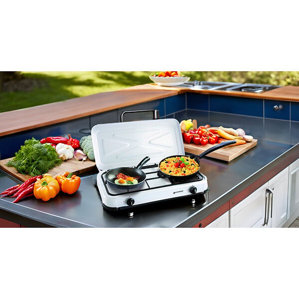 KEMPER - Plaque de cuisson Gaz 2 feux portable 2600W Blanc Couvercle amovible - Réchaud Camping Cuisine Exterieure KEMPER - large