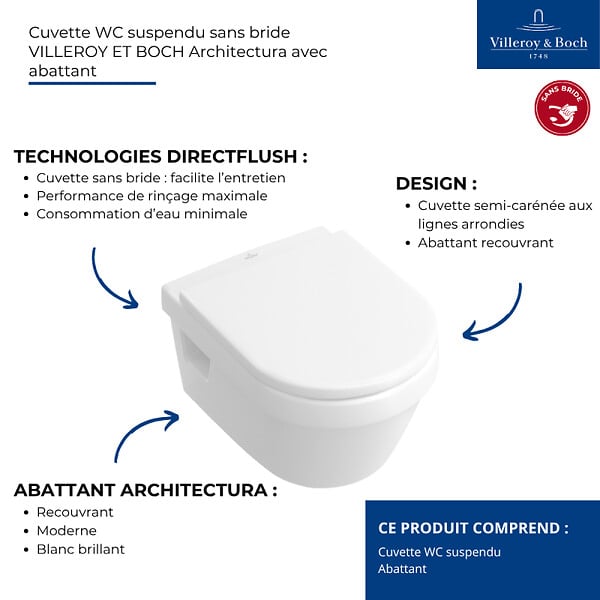 VILLEROY ET BOCH - Cuvette WC suspendu sans bride Architectura avec abattant - large