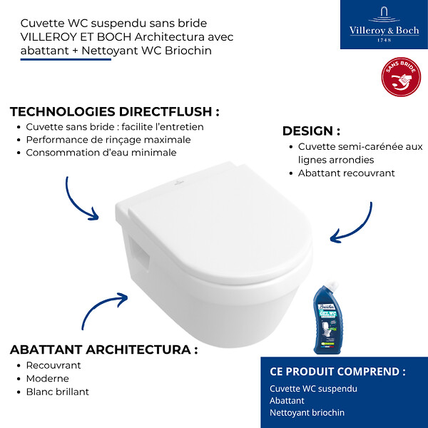 VILLEROY ET BOCH - WC suspendu sans bride  Architectura + abattant + Gel WC - large