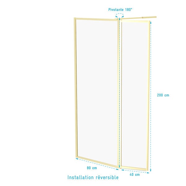 AURLANE - Paroi de Douche avec Volet Pivotant 80+40x200 cm - Finition Or Doré Brossé - GOLDY CONTOURING - large