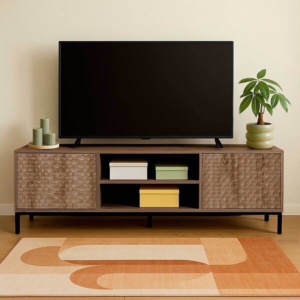 OVIALA - Meuble TV rectangulaire 2 portes L160 cm bois foncé - Ketry - large