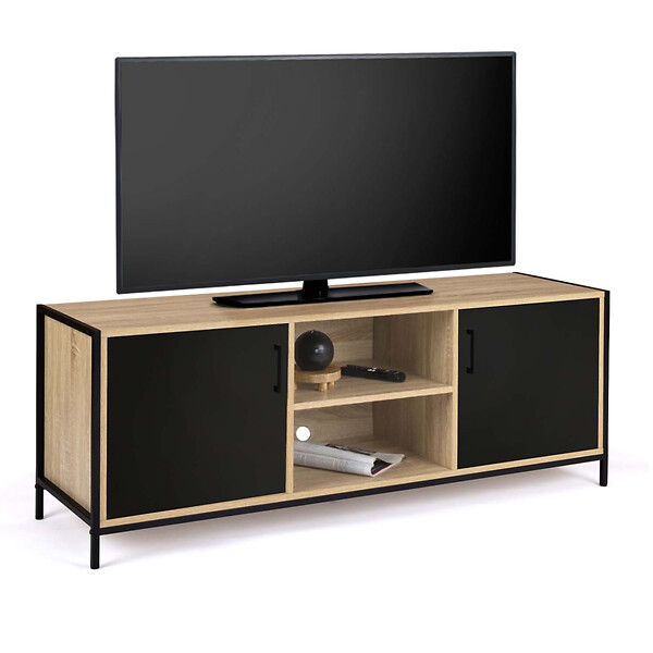 ID MARKET - Meuble TV 140 cm BOSTON 2 portes noires design industriel - large