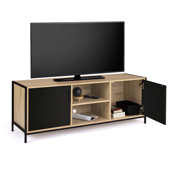 ID MARKET - Meuble TV 140 cm BOSTON 2 portes noires design industriel - large