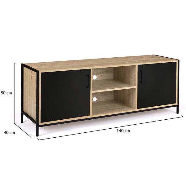 ID MARKET - Meuble TV 140 cm BOSTON 2 portes noires design industriel - large