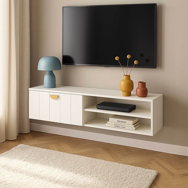 OVIALA - Meuble TV suspendu 120 cm moderne blanc - Holly - large
