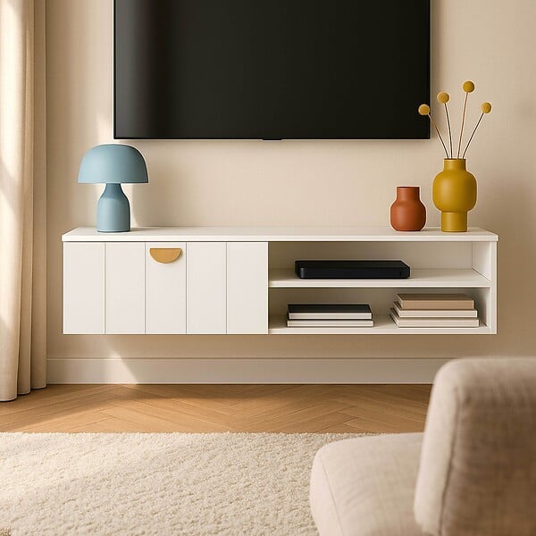 OVIALA - Meuble TV suspendu 120 cm moderne blanc - Holly - large