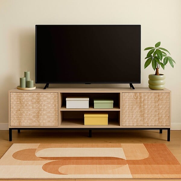 OVIALA - Meuble TV rectangulaire 2 portes L160 cm bois clair - Ketry - large