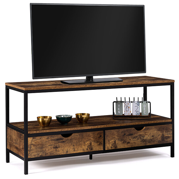 ID MARKET - Meuble TV 113 cm DAYTON 2 tiroirs bois effet vieilli design industriel - large