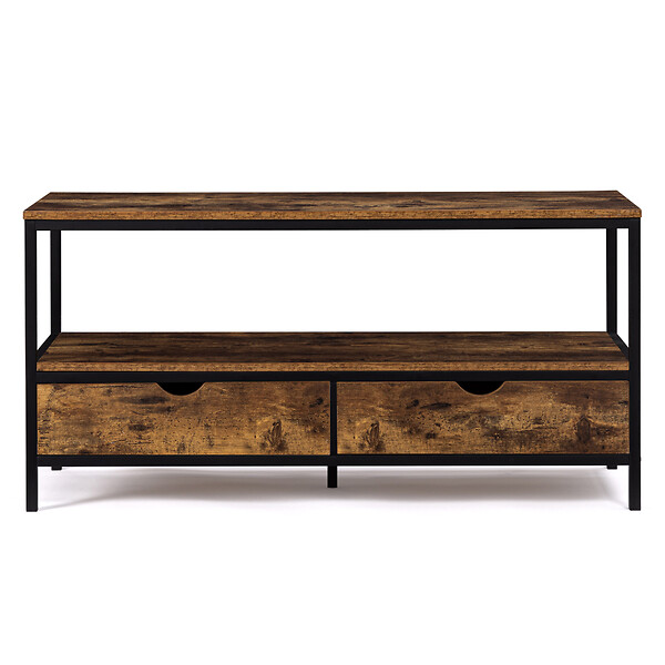ID MARKET - Meuble TV 113 cm DAYTON 2 tiroirs bois effet vieilli design industriel - large