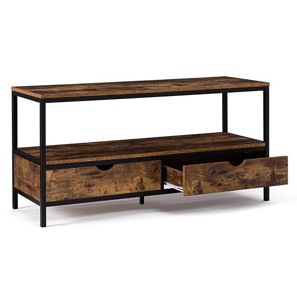 ID MARKET - Meuble TV 113 cm DAYTON 2 tiroirs bois effet vieilli design industriel - large