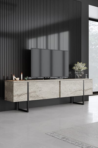 HABITAT ET JARDIN - Meuble TV en bois "Luxe" - 180 x 30 x 50 cm - TravertinNoir - large