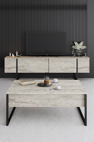 HABITAT ET JARDIN - Meuble TV en bois "Luxe" - 180 x 30 x 50 cm - TravertinNoir - large