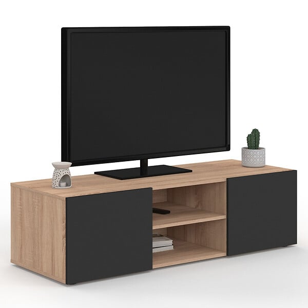 ID MARKET - Meuble TV 113 cm ELI bois façon hêtre portes noires - large