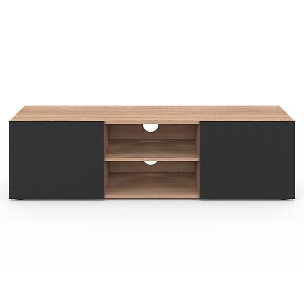 ID MARKET - Meuble TV 113 cm ELI bois façon hêtre portes noires - large
