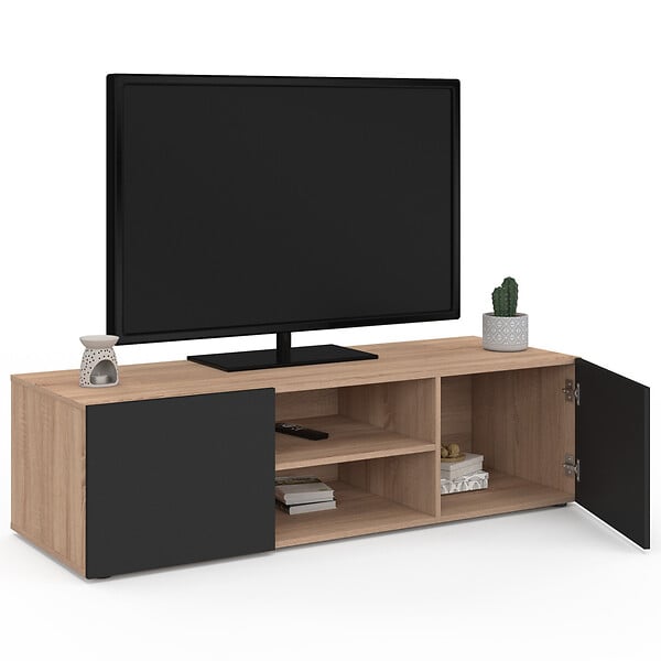 ID MARKET - Meuble TV 113 cm ELI bois façon hêtre portes noires - large