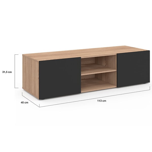 ID MARKET - Meuble TV 113 cm ELI bois façon hêtre portes noires - large