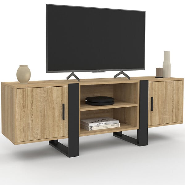 ID MARKET - Meuble TV 140 cm PHOENIX 2 portes bois et noir - large