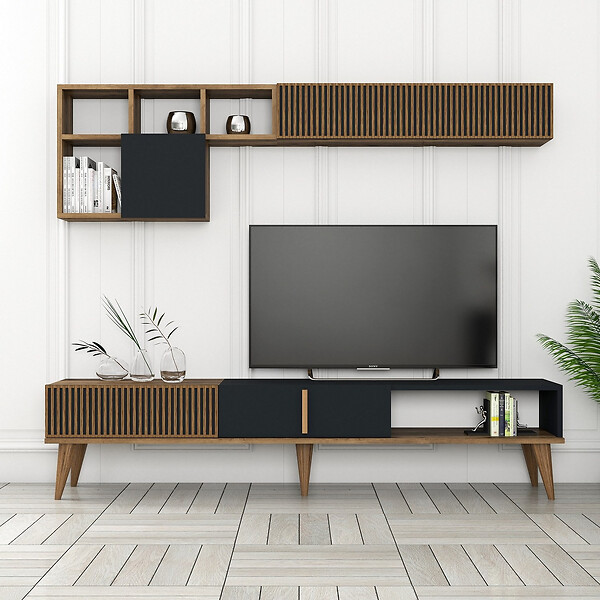 HABITAT ET JARDIN - Meuble TV en bois "Milan" - 180 x 35 x 40 cm - Noyer, Anthracite - large