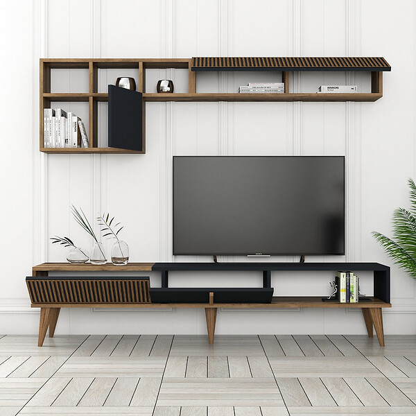 HABITAT ET JARDIN - Meuble TV en bois "Milan" - 180 x 35 x 40 cm - Noyer, Anthracite - large