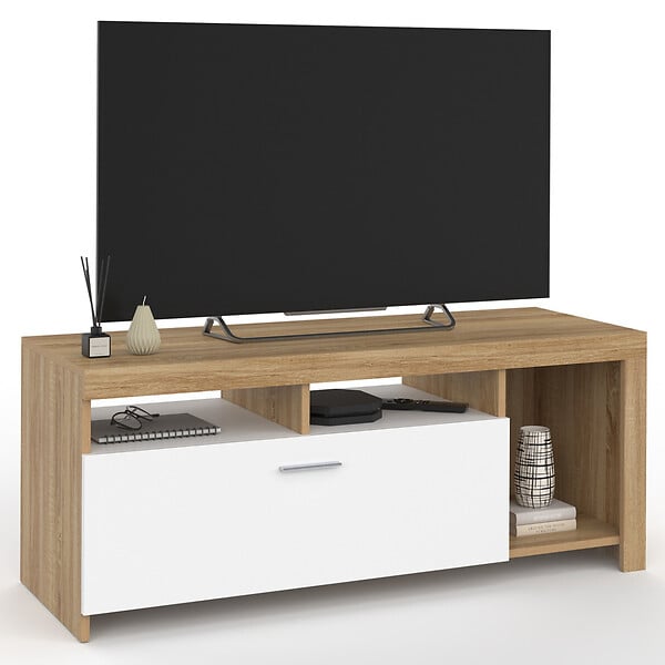ID MARKET - Meuble TV 110 cm MALO bois et placard blanc - large