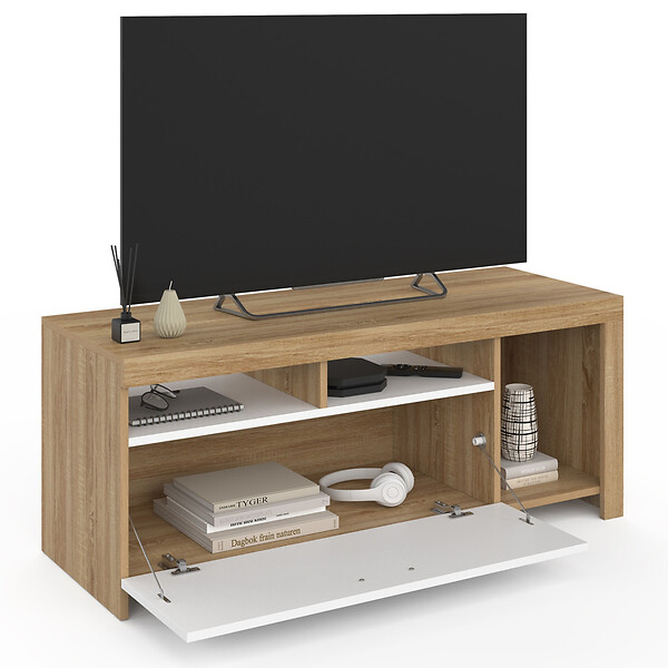 ID MARKET - Meuble TV 110 cm MALO bois et placard blanc - large